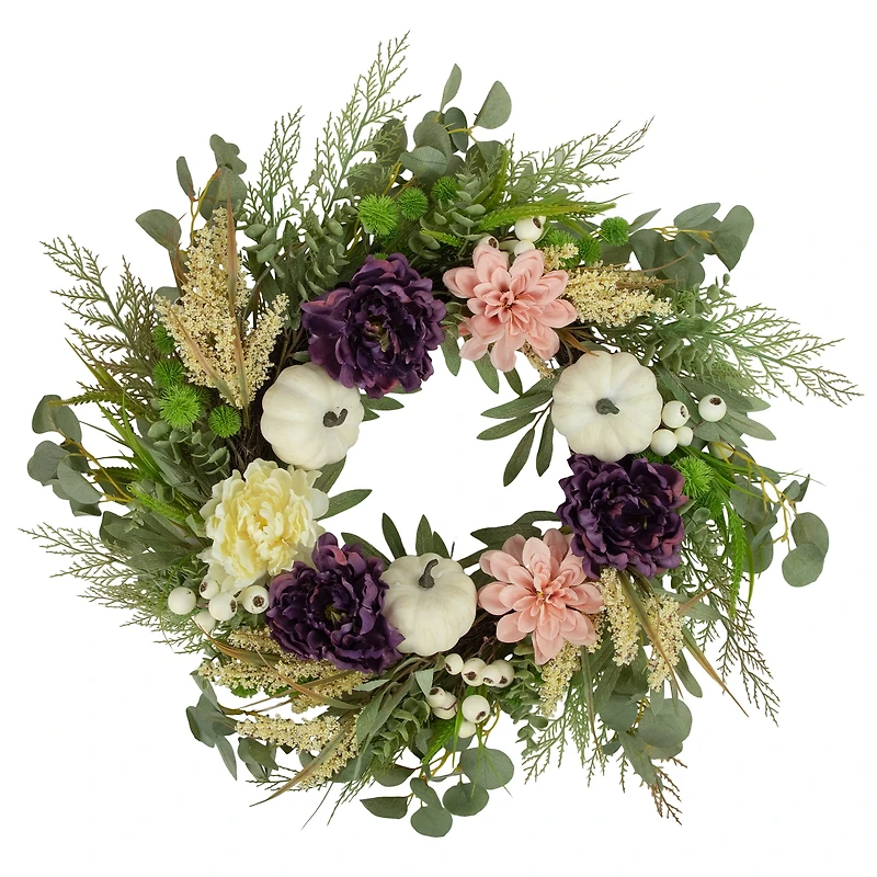 24" Peony & Pumpkin Artificial Fall Harvest Wreath