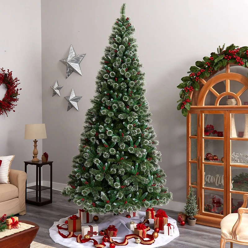 10ft. Pre-Lit Frosted Swiss Pine Artificial Christmas Tree with Berries, Clear LED Lights