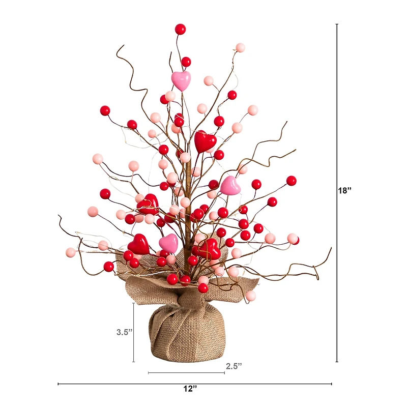 18in. Pre-Lit Artificial Valentine's Day Heart & Berry Twig Tree with 30 LED String Lights in Burlap Wrapped Base