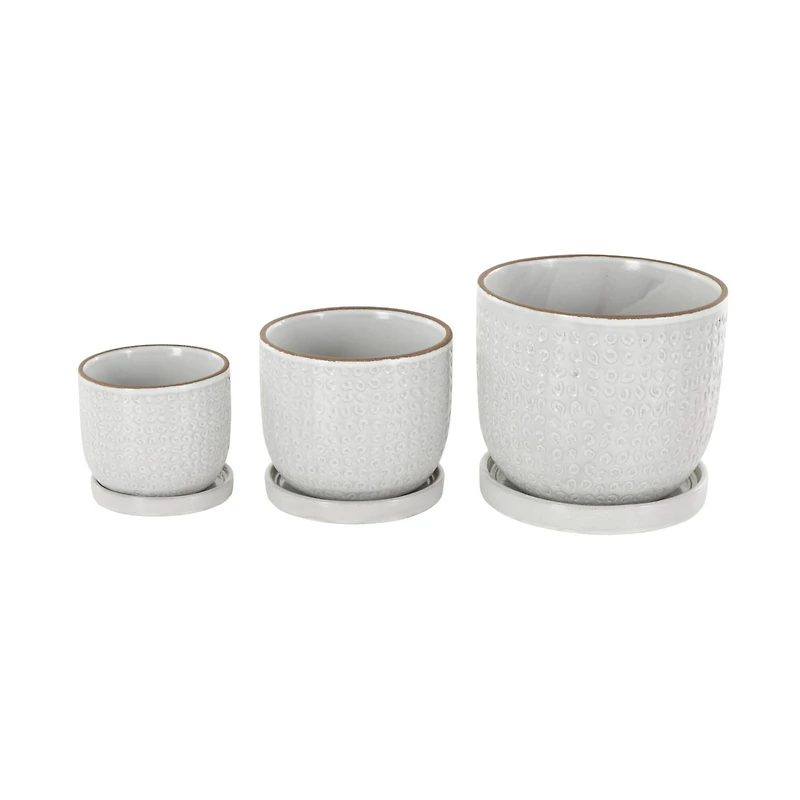 White Abstract Circle Pattern Ceramic Planter Set