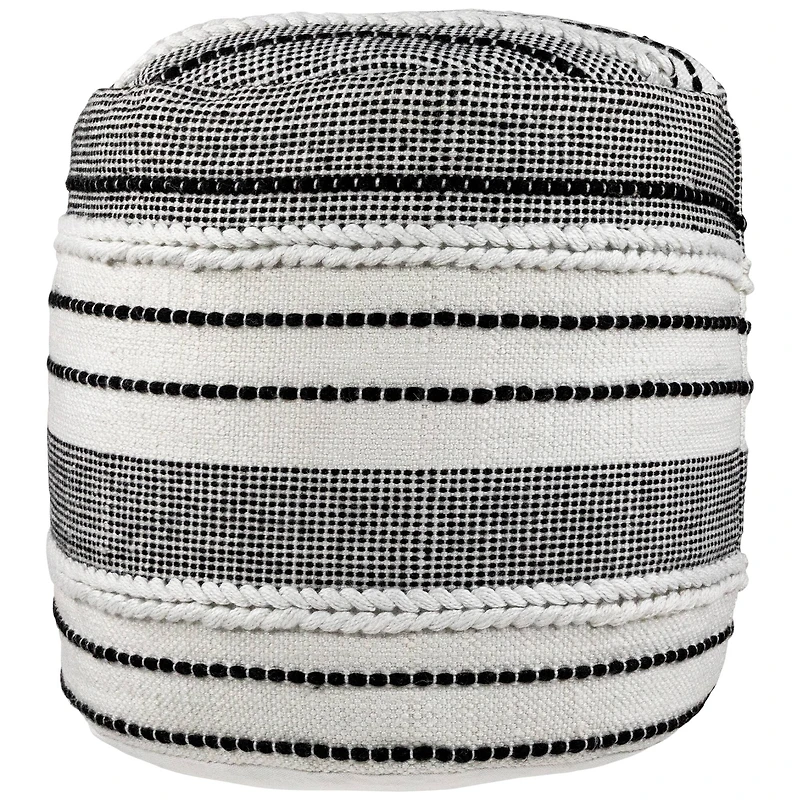 18" White & Black Striped Outdoor Woven Pouf Ottoman