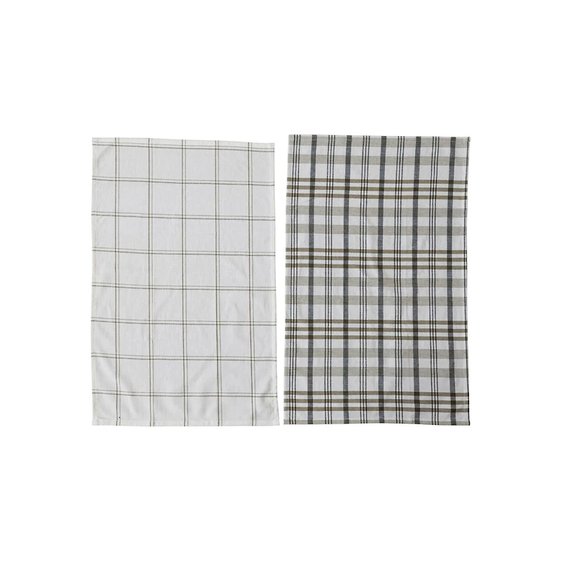 Hello Honey® 28" White & Green Plaid Stonewashed Cotton Tea Towel Set