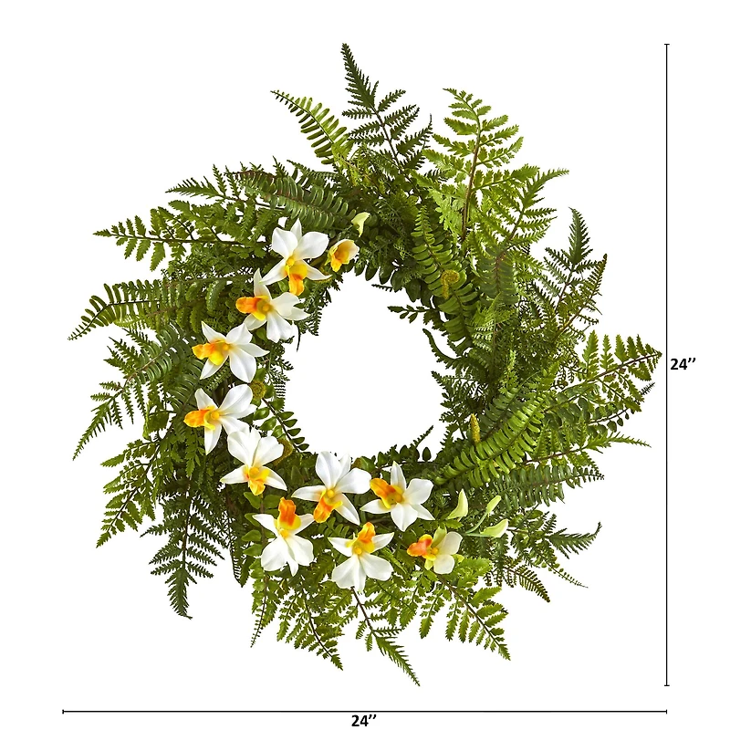 24" Mixed Fern & Dendrobium Orchid Wreath