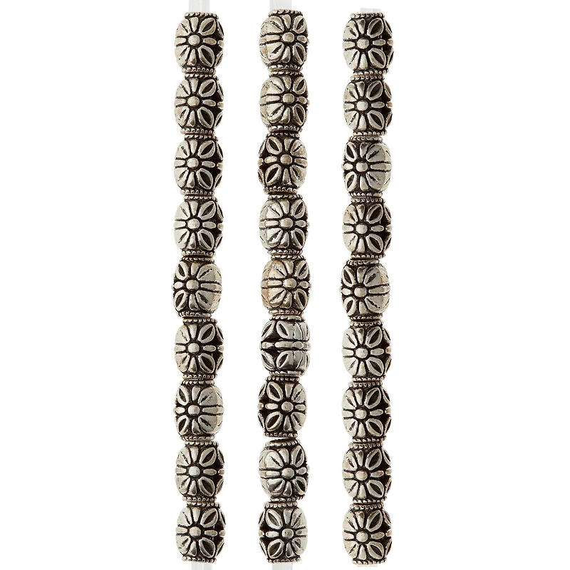 Silver-Plated Antique Flower Carved Tube Beads, 10mm by Bead Landing™