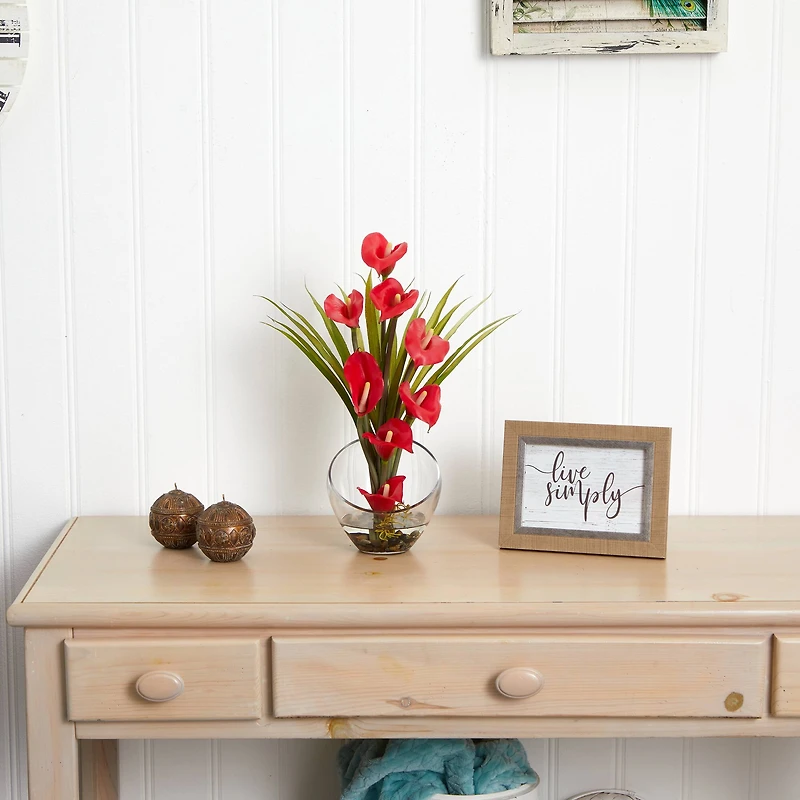 15.5" Red Calla Lily & Grass Arrangement in Vase