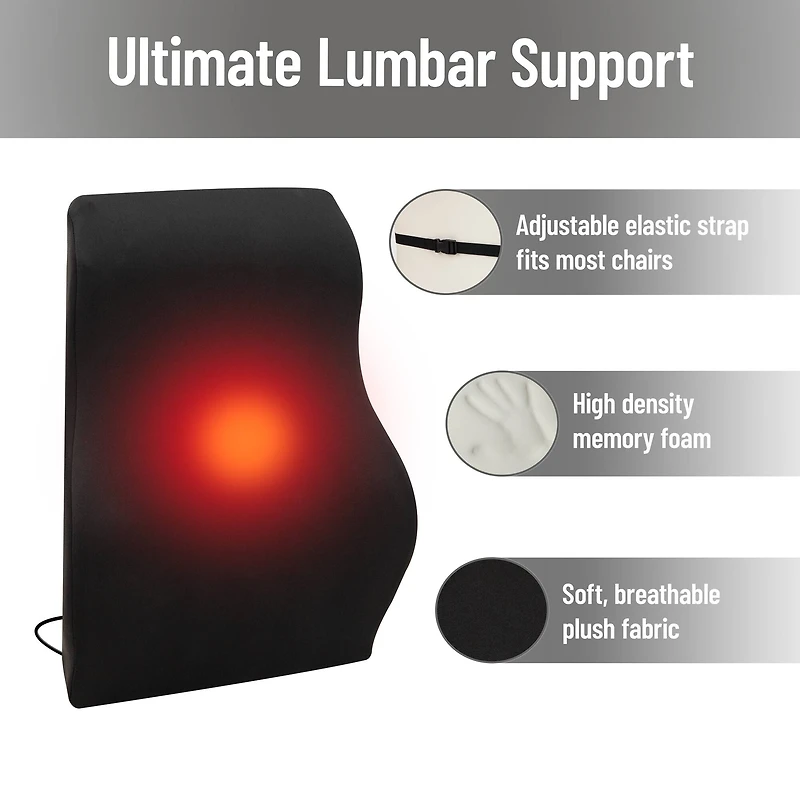 Mind Reader Heated Air-Cloud Lumbar Cushion, Ergonomic Memory Foam Back Support Pillow with Adjustable Heat Settings and Timer, Black