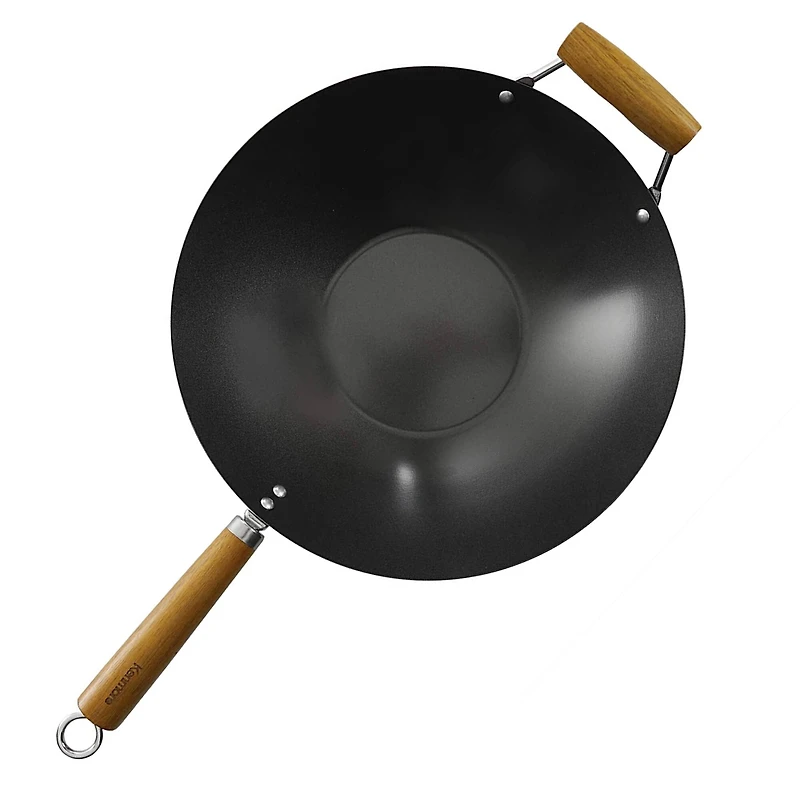 Kenmore® Hammond 14'' Black Flat Bottom Carbon Steel Wok with Wooden Handles