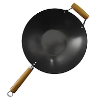 Kenmore® Hammond 14'' Black Flat Bottom Carbon Steel Wok with Wooden Handles