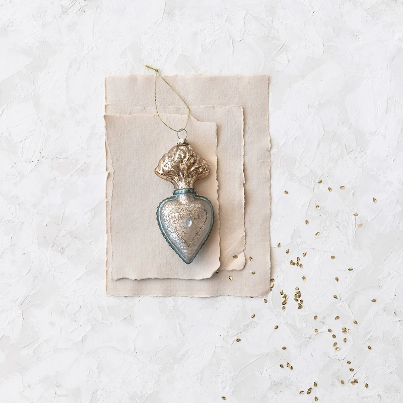 Hello Honey® 5.5" Silver Finish & Aqua Mercury Glass Sacred Heart Ornament with Glitter & Jewel