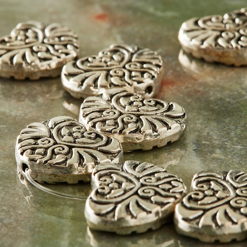12 Pack:  Silver-Plated Metal Heart Beads, 18mm by Bead Landing™