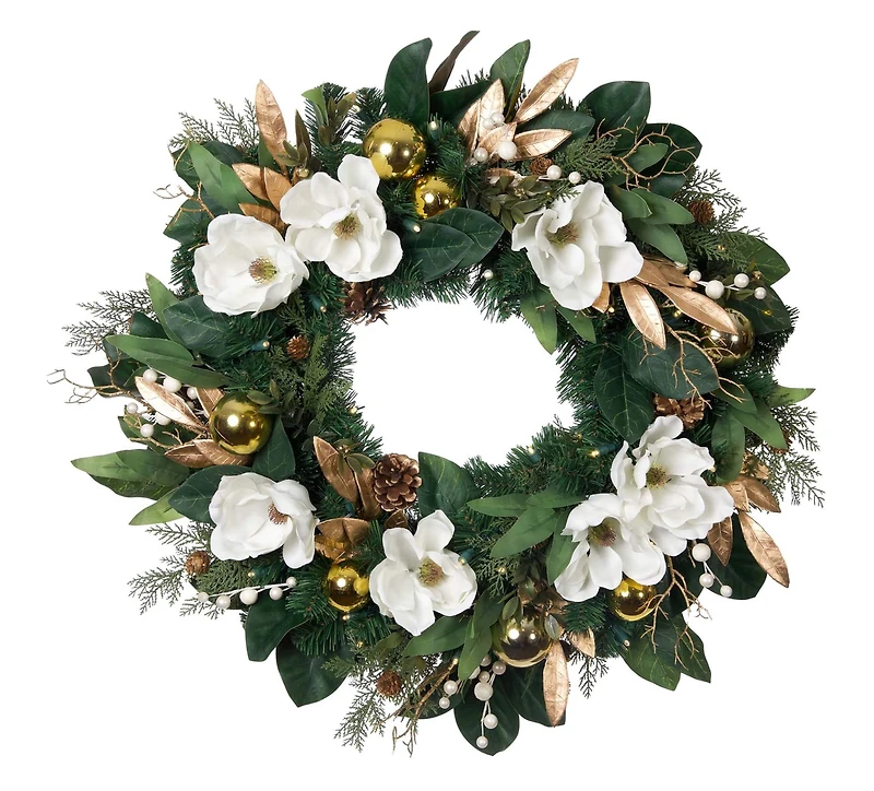 30" Pre-Lit White & Gold Magnolia Christmas Wreath