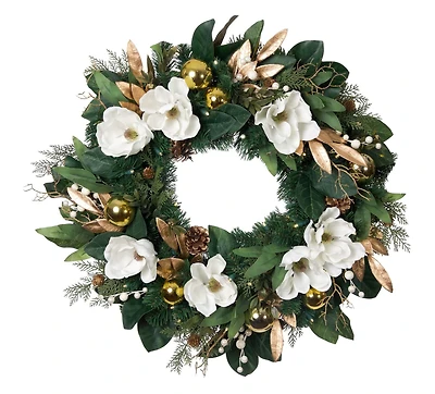 30" Pre-Lit White & Gold Magnolia Christmas Wreath