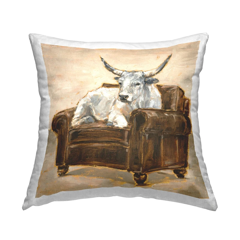Stupell Industries Longhorn White Bull Resting in Brown Chair Throw Pillow 18" x 18"