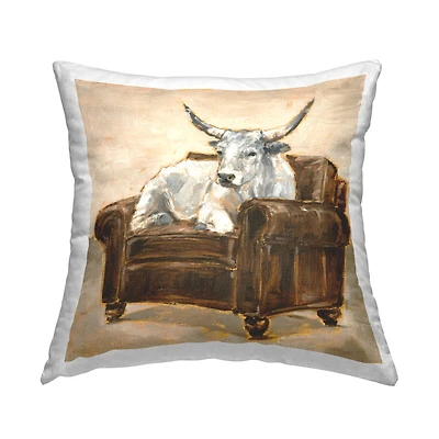 Stupell Industries Longhorn White Bull Resting in Brown Chair Throw Pillow 18" x 18"