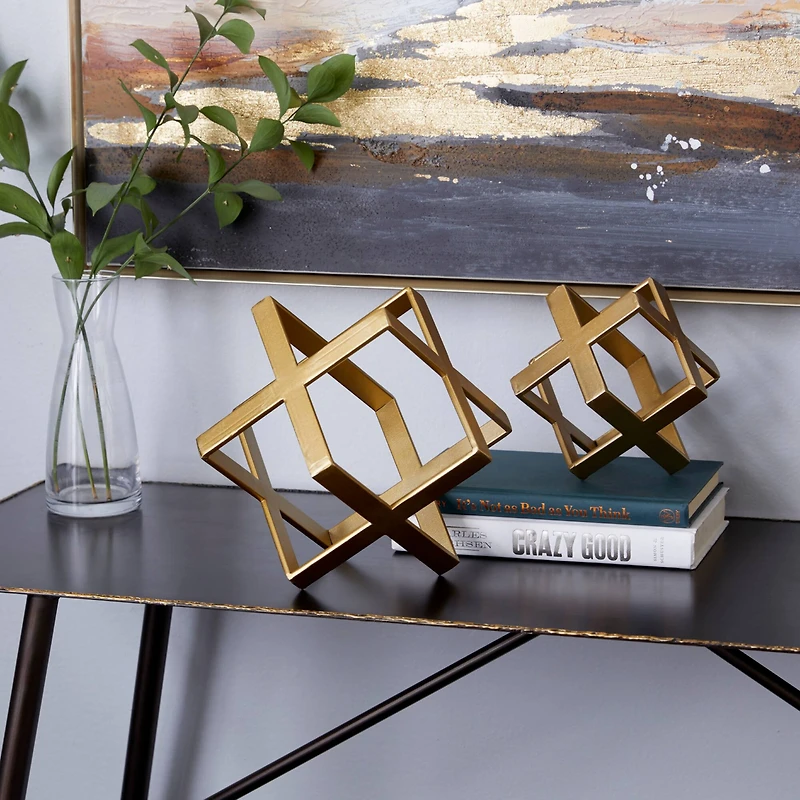 Gold Metal Glam Geometric Cube Sculpture Set