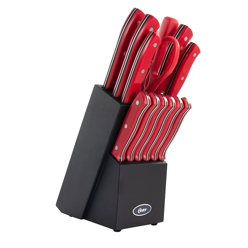 Oster Steffen 14-Piece Red Stainless Steel Cutlery Set with Hardwood Storage Block