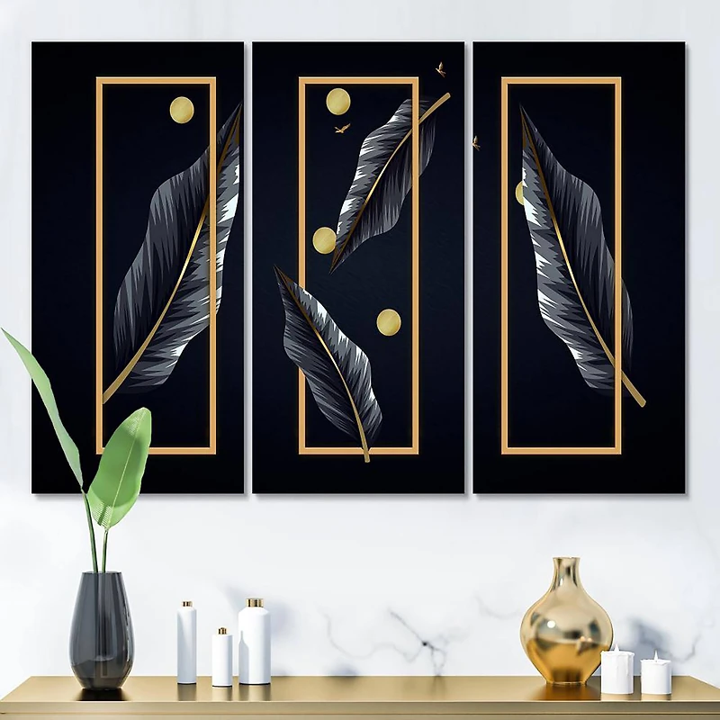 Designart - Black Tropical Leaves With Golden Rectangles