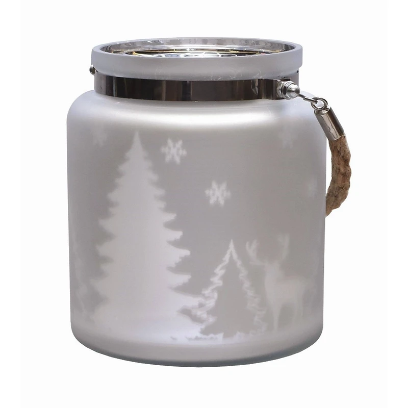 6" Matte Silver Winter Scene Christmas Pillar Candle Lantern