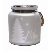 6" Matte Silver Winter Scene Christmas Pillar Candle Lantern