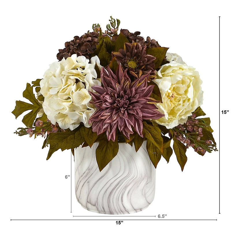 15in. Peony, Hydrangea, Dahlia Arrangement in Marble Finished Vase