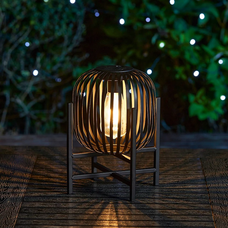 Glitzhome® 11.5" Black Slim Metal Stripes Solar Powered Edison Bulb Outdoor Lantern