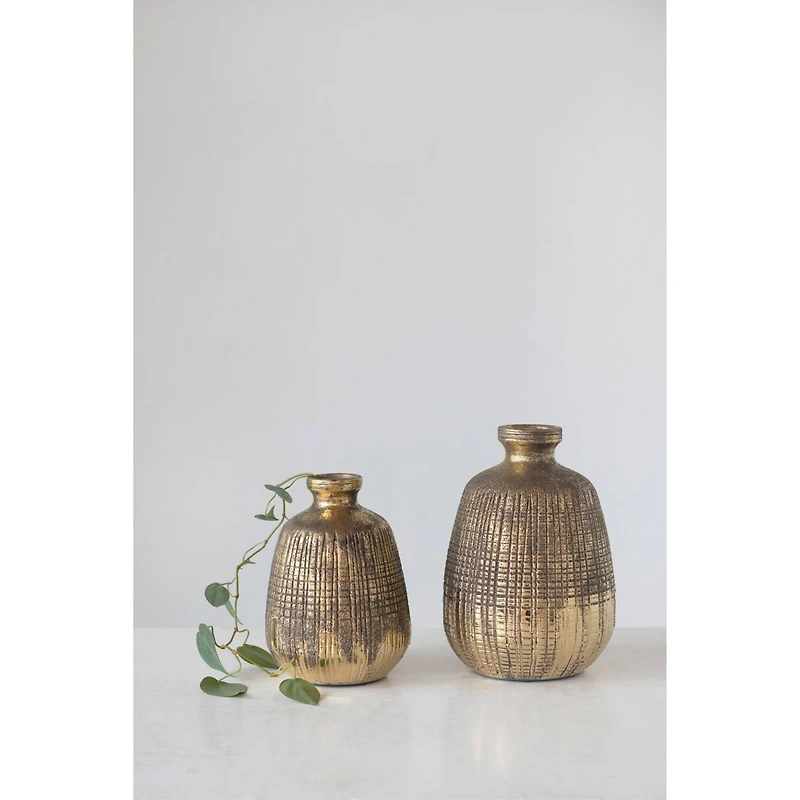 Hello Honey® 10" Gold Textured Terracotta Vase with Lines