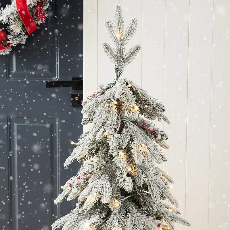 4ft. Pre-Lit Flocked Red Berry Fir Artificial Christmas Porch Tree in Urn, White Lights
