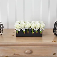 6" White Dozen Roses in Black Rectangular Ceramic Planter