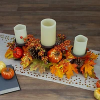 21" Orange Fall Harvest Leaves & Pumpkins Candle Holder