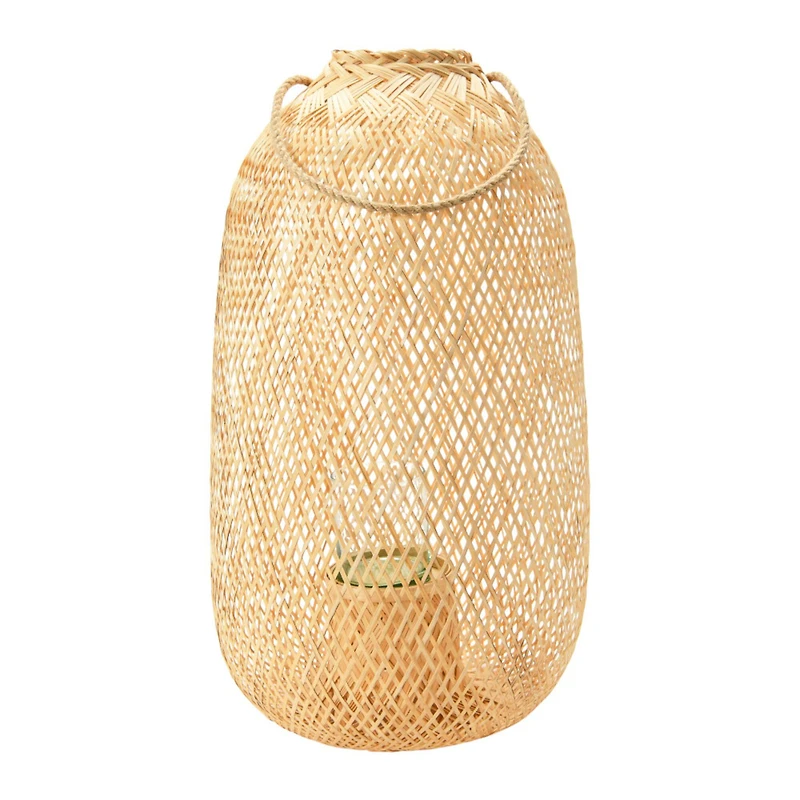 Hello Honey® 23.5" Natural Hand-Woven Bamboo Lantern with Jute Handle & Glass Insert