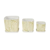 Green Geometric Linear Arch Pattern Ceramic Planter Set