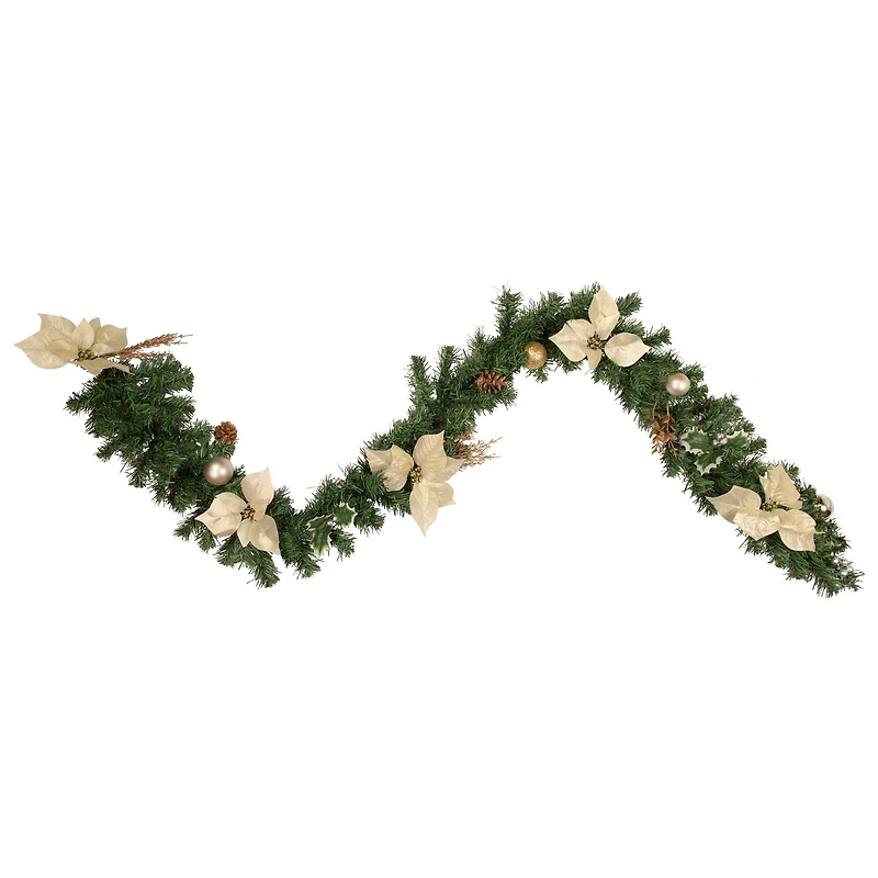 Pre-Decorated Gold Poinsettia Pine Cone & Ball Artificial Garland, Unlit