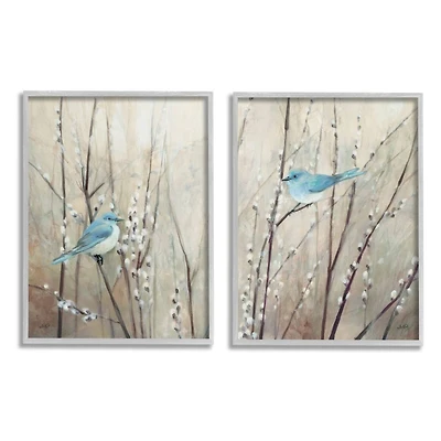 Stupell Industries Peaceful Perched Blue Birds Animal Nature Painting in Gray Frame Wall Art
