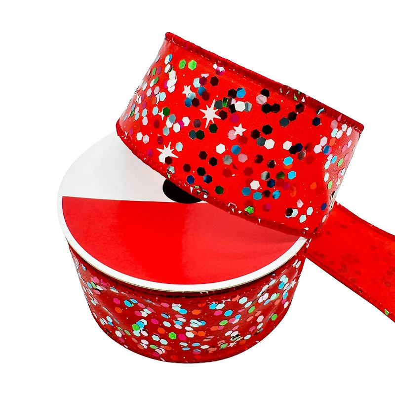 1.5" x 30ft. Red Holiday Glitter Wired Ribbon by Celebrate It®