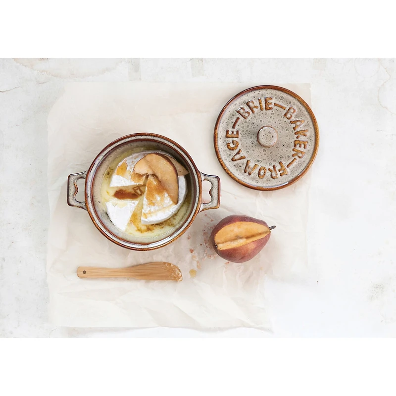 Hello Honey® 9.1" Reactive Glaze Design Stoneware Brie Baker with Bamboo Canapé Spreader Knife