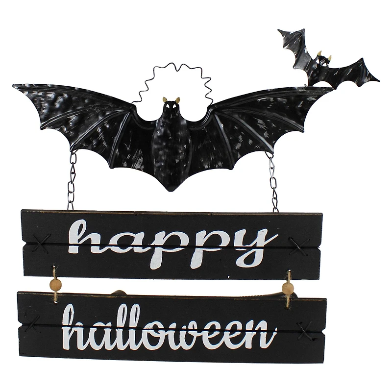 17" Black Bat & Happy Halloween Metal Hanging Sign