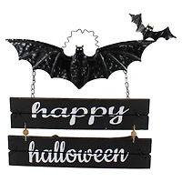 17" Black Bat & Happy Halloween Metal Hanging Sign