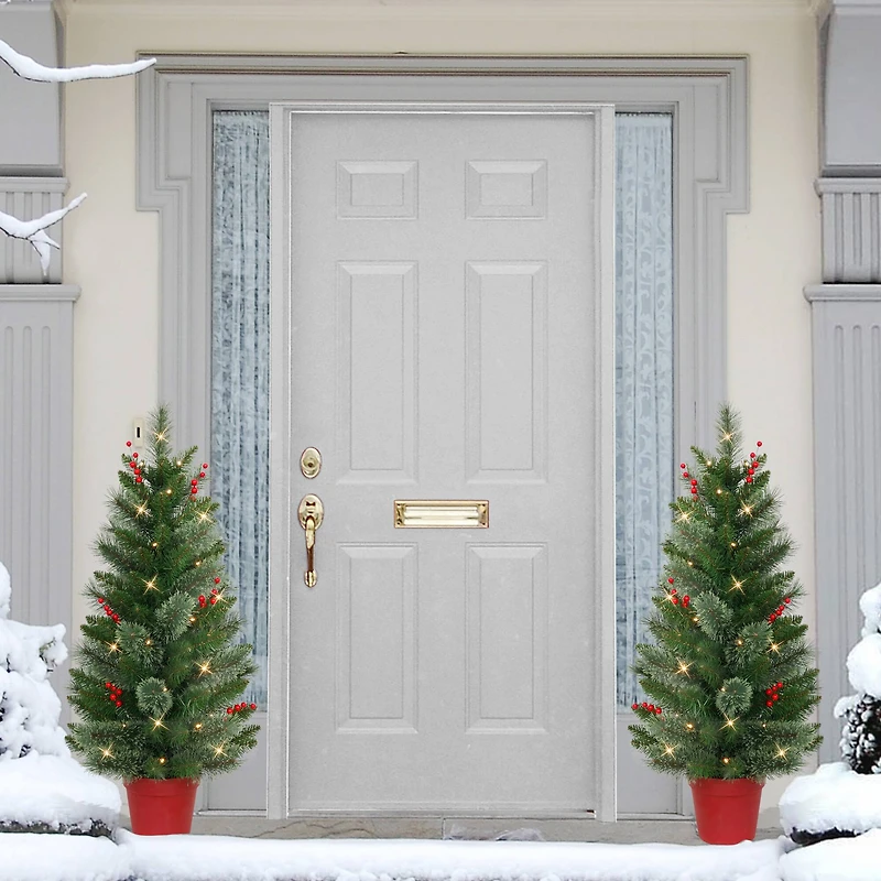 2 Pack 3.5ft. Pre-Lit Faux Cashmere Artificial Potted Christmas Tree, Warm White LED Lights