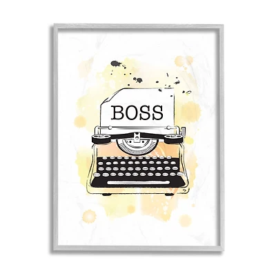 Stupell Industries Vintage Yellow Typewriter Boss Text Abstract Splash in Gray Frame Wall Art