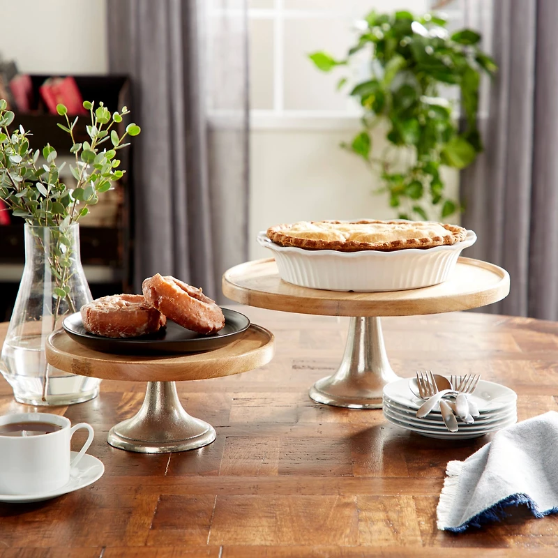 Brown Mango Wood & Metal Cake Stand Set