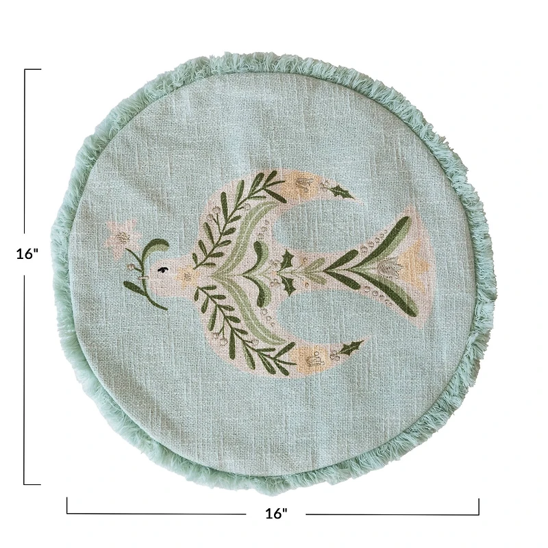 Hello Honey® 16" Light Green Embroidered Dove & Fringe Round Cotton Pillow Cover & Insert
