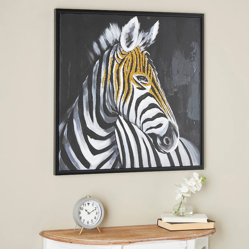 32" x 32" Black Canvas Zebra Framed Wall Art with Gold Foil Accents