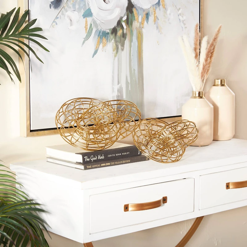 Set of 2 Gold Metal Contemporary Sculpture, 7" x 12" x 8"