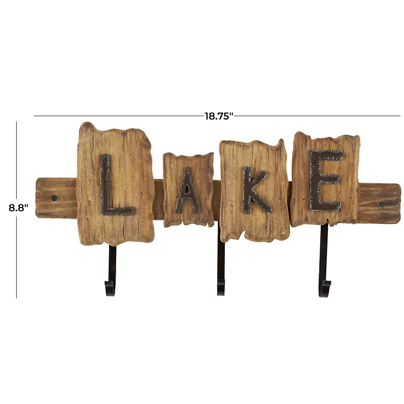 Brown Wood Handmade Live Edge Lake Sign 3 Hanger Wall Hook with Metal Accents