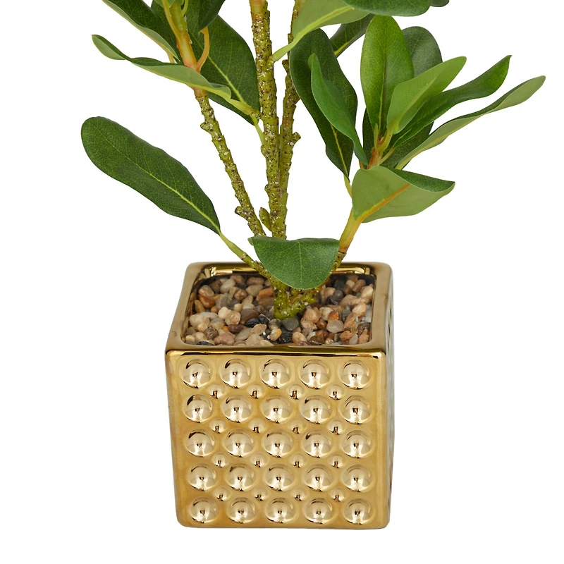 15" Glam Style Evergreen Artificial Foliage in Gold Porcelain Pot