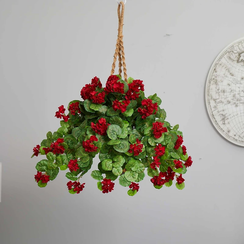 2.2ft. Red Geranium Artificial Plant in Hanging Basket