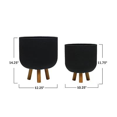 Hello Honey® Black Modern Metal Planters with Wood Legs Set