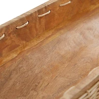 24.5" Brown Handmade Wooden Tray with Woven Seagrass Accent