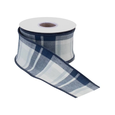 2.5" x 5yd. Navy Blue & White Wired Plaid Cotton Ribbon, 2ct.