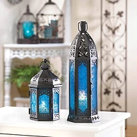 13" Tall Floret Blue Candle Lantern